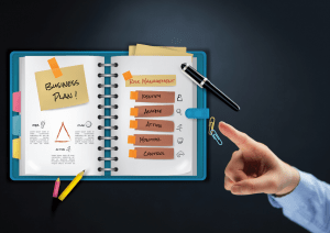 Planner notebook with a business plan written