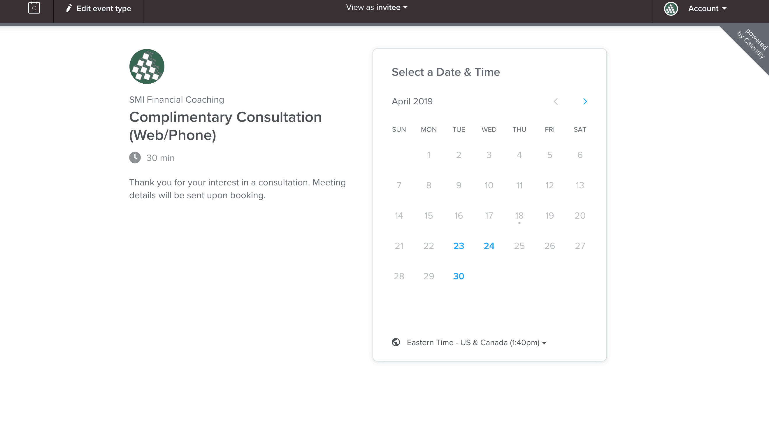 Calendly Example SMI Financial Coaching