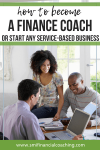 Financial coach looking through finances of smiling couple.